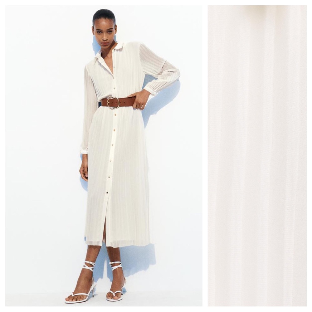 NWT. Zara Ecru Pleated Midi Dress with Belt. Size S.